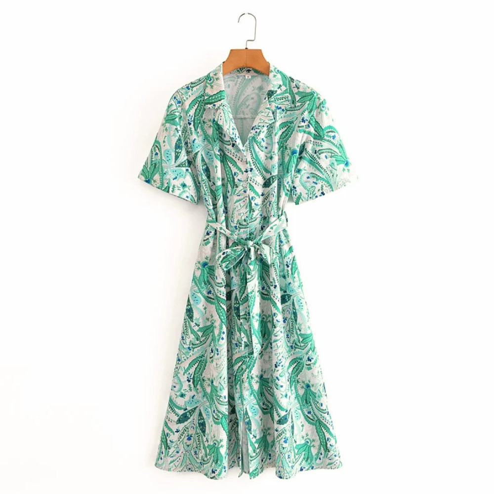 Spring Long Sleeve Printed Tie Dress